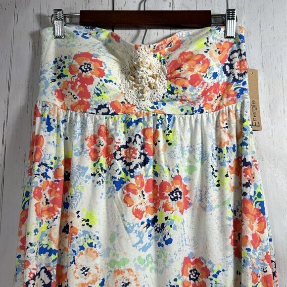 Energie Womens Strapless Boho High Low Floral Y2K Summer Tan Orange Midi Dress - Picture 7 of 15